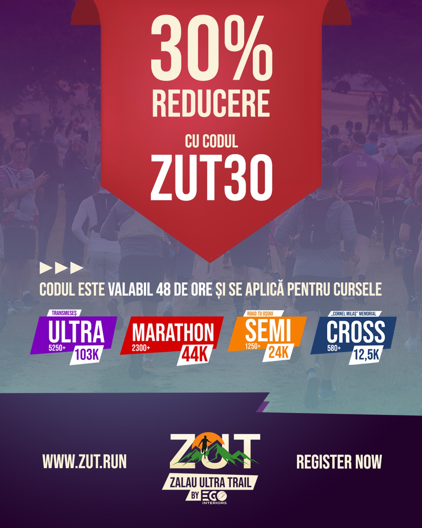 🔥 SURPRIZA ACESTUI WEEKEND! 🔥

Între 10–12 iulie 2026, ne vedem la Zalău Ultra Trail 2026 powered by EgoInteriors, iar acum e momentul perfect să îți rezervi locul la start! 🏃🏻⛰️🏃🏻‍♀️

🎟️ 30% REDUCERE la cursele:
• Ultra
• Marathon
• Semi
• Cross

👉🏻 Folosește codul: ZUT30
⏳ Valabil doar 48 de ore!

👕 Acesta este și ULTIMUL weekend în care îți putem garanta tricoul oficial în mărimea dorită.

🏆 Premii totale în valoare de 15.000 €
📍 10–12 iulie 2026
🌲 Trasee spectaculoase, atmosferă de festival și provocarea verii în inima naturii.

👉🏻 Înscrieri aici: https://zut.run
🤝🏻 Powered by: https://www.egointeriors.ro

-

🔥 THIS WEEKEND’S SURPRISE! 🔥

From July 10–12, 2026, we’ll meet at Zalău Ultra Trail 2026 powered by EgoInteriors, and now is the perfect time to secure your spot at the starting line! 🏃🏻⛰️🏃🏻‍♀️

🎟️ 30% OFF for the following races:
• Ultra
• Marathon
• Semi
• Cross

👉🏻 Use the code: ZUT30
⏳ Valid for 48 hours only!

👕 This is also the LAST weekend we can guarantee the official T-shirt in your preferred size.

🏆 Total prize pool worth €15,000
📍 July 10–12, 2026
🌲 Spectacular trails, a festival atmosphere, and the ultimate summer challenge in the heart of nature.

👉🏻 Register here: zut.run
🤝🏻 Powered by: EgoInteriors

#ZalauUltraTrail #ZUT2026 #egointeriors